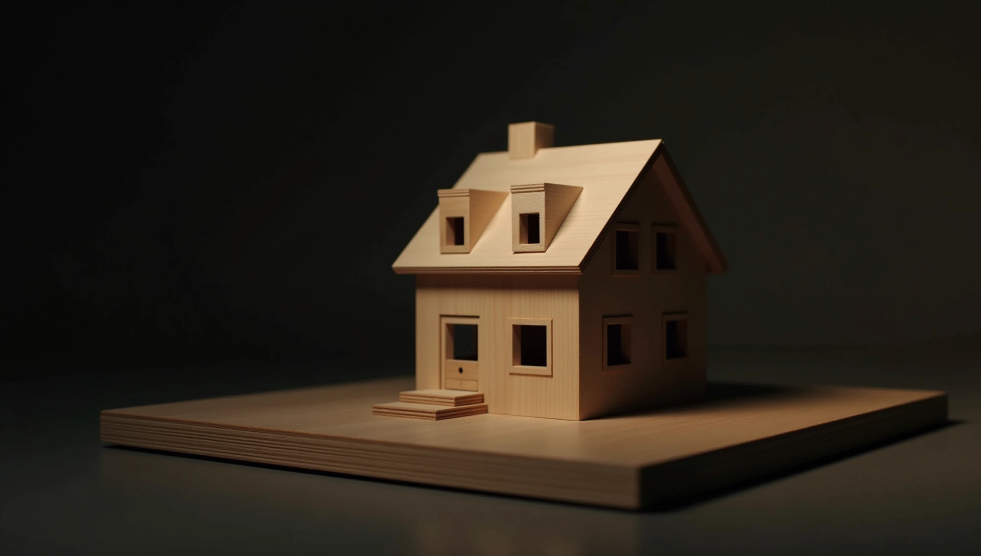 A small wooden model house on a wooden base, lit from one side.