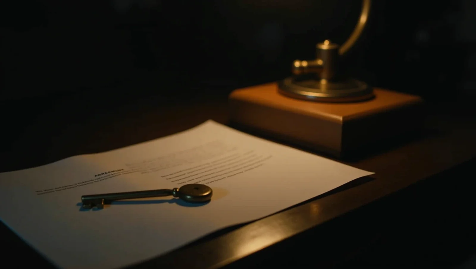 A brass door key resting on a folded paper agreement under a warm desk lamp.