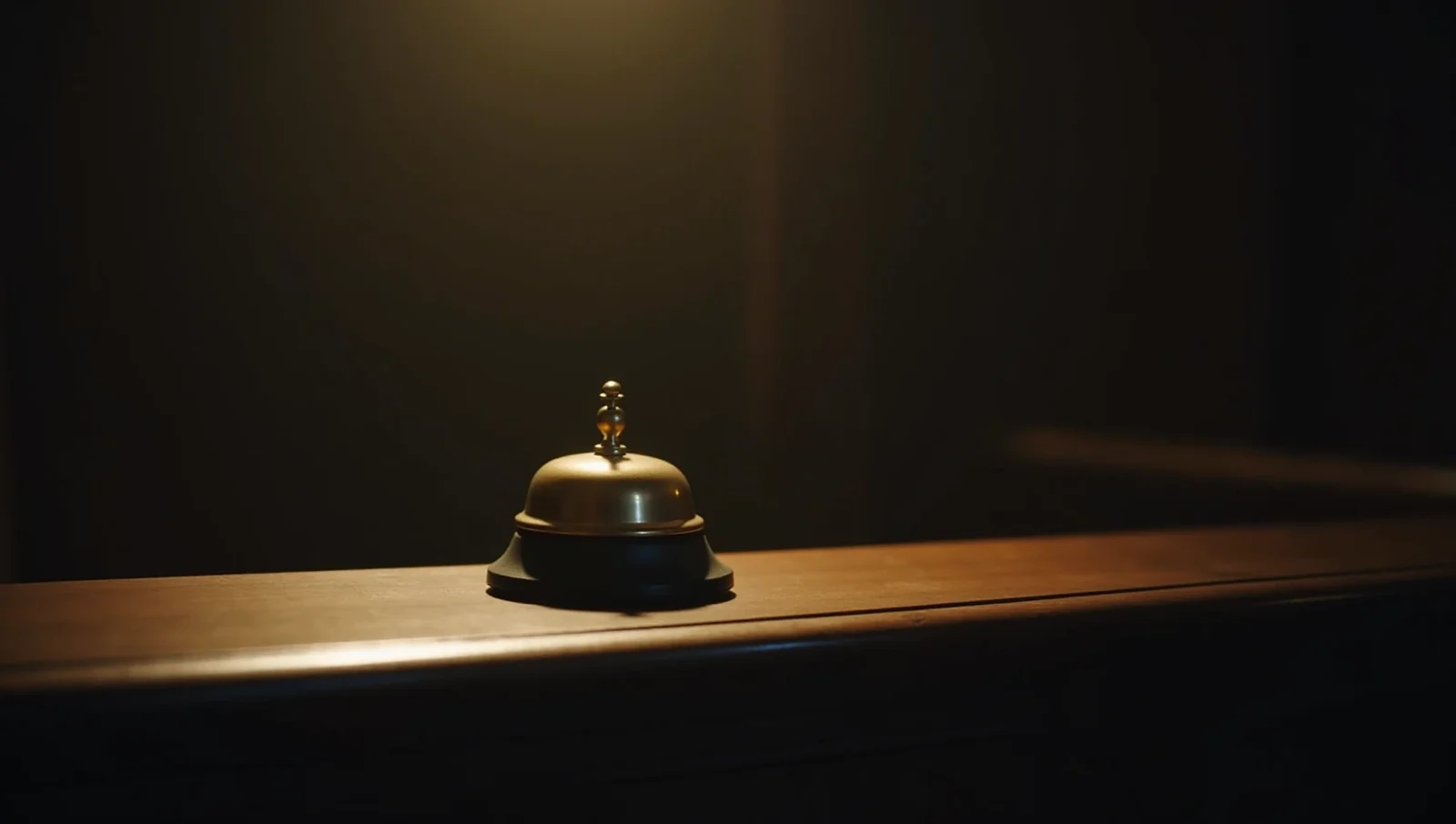 A brass hand bell on a dark reception desk, lit by a single warm lamp.