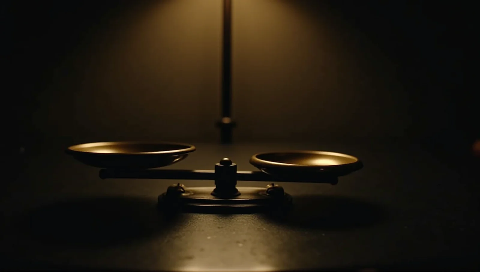 An old brass balance scale on a dark desk, one pan slightly lower than the other.