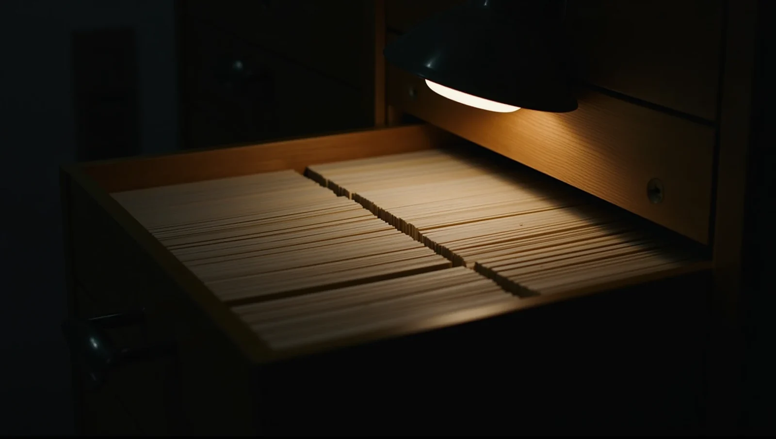 An open wooden card catalogue drawer packed with index cards under a warm lamp.