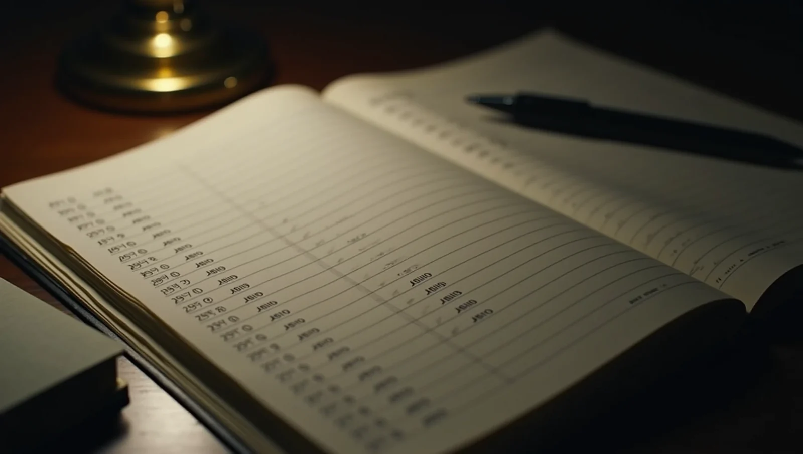 A ledger open on a dark desk under a warm lamp, showing rows of identical repeating monthly entries.