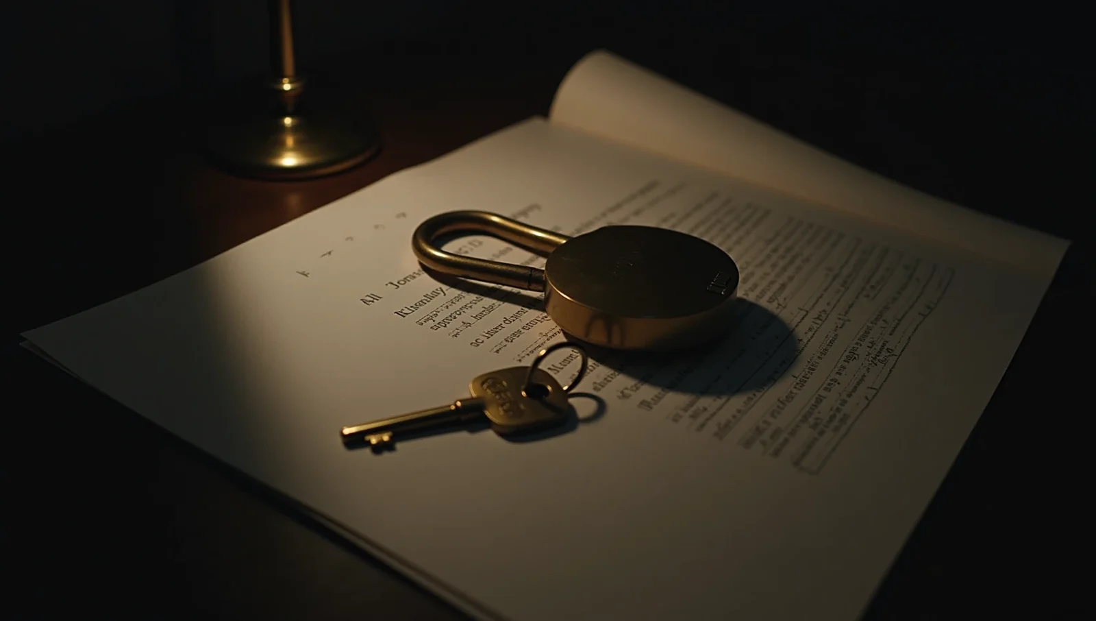 An open brass padlock with the key still in it, resting on a paper document.