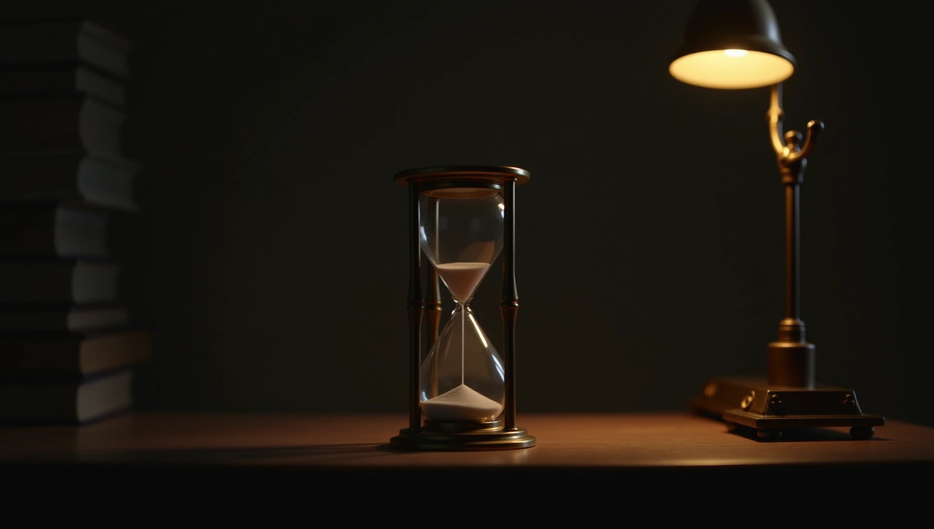 An hourglass on a lamp-lit desk beside a stack of books.