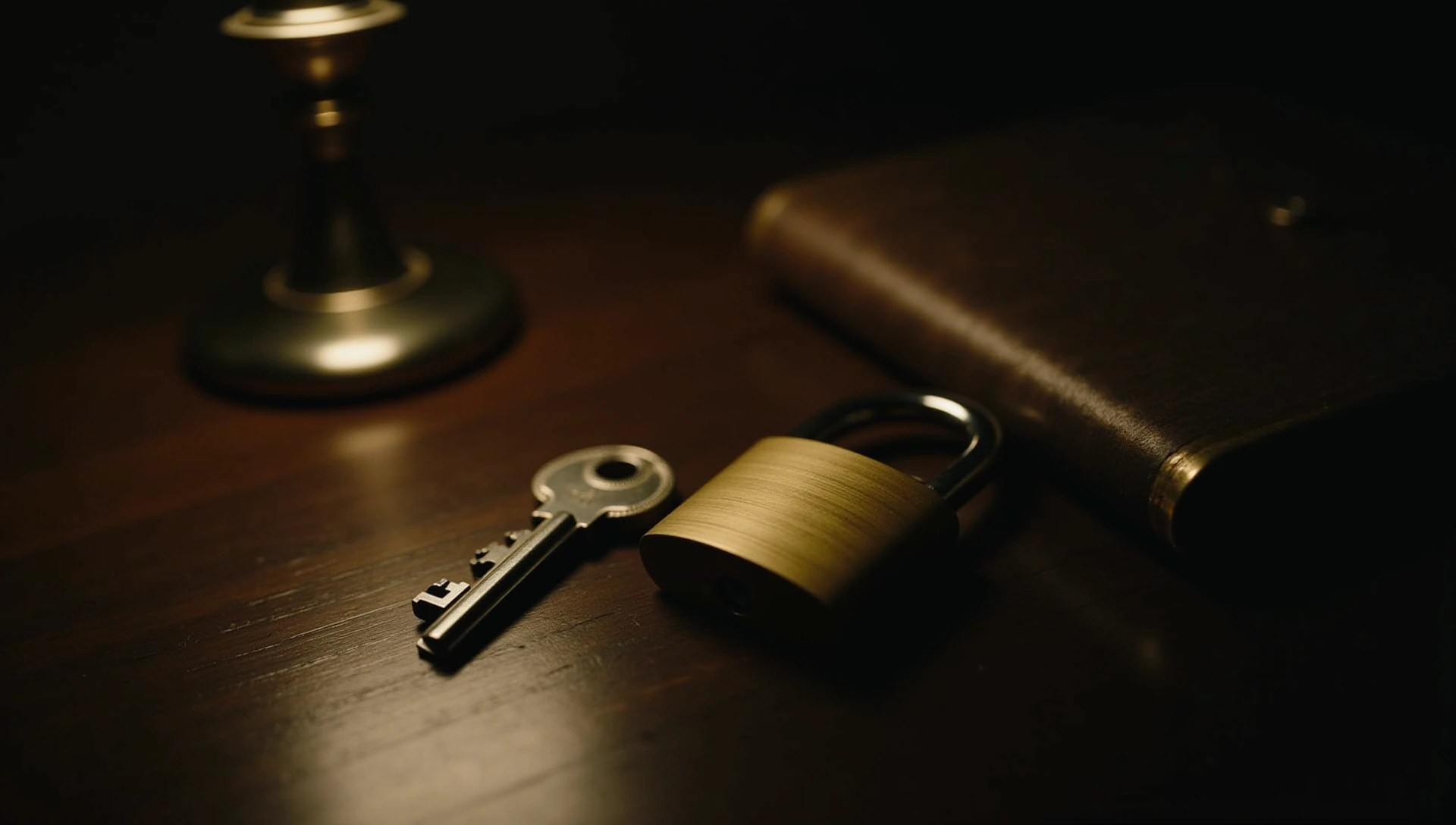 A brass padlock, unlocked, beside a single key on a dark wooden desk.