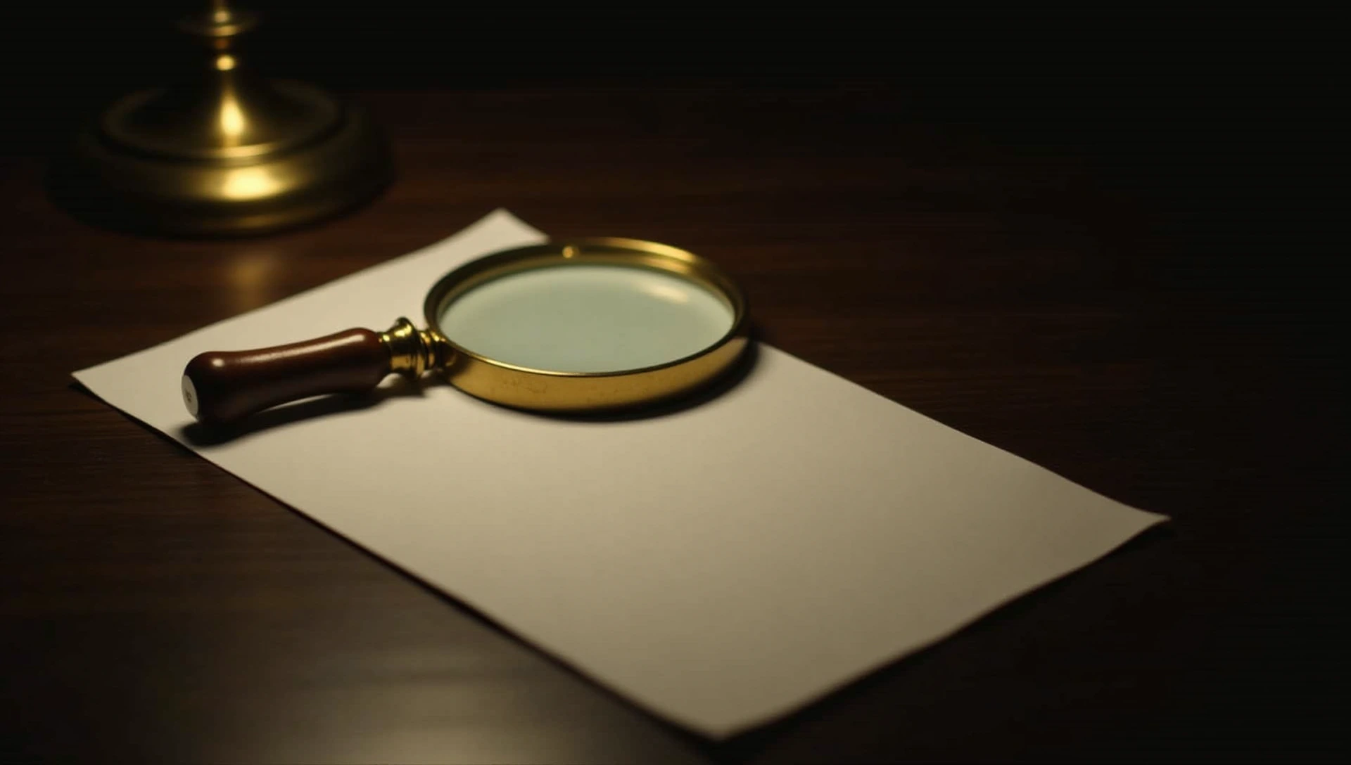 A brass magnifying glass resting on a blank sheet of paper on a dark desk.