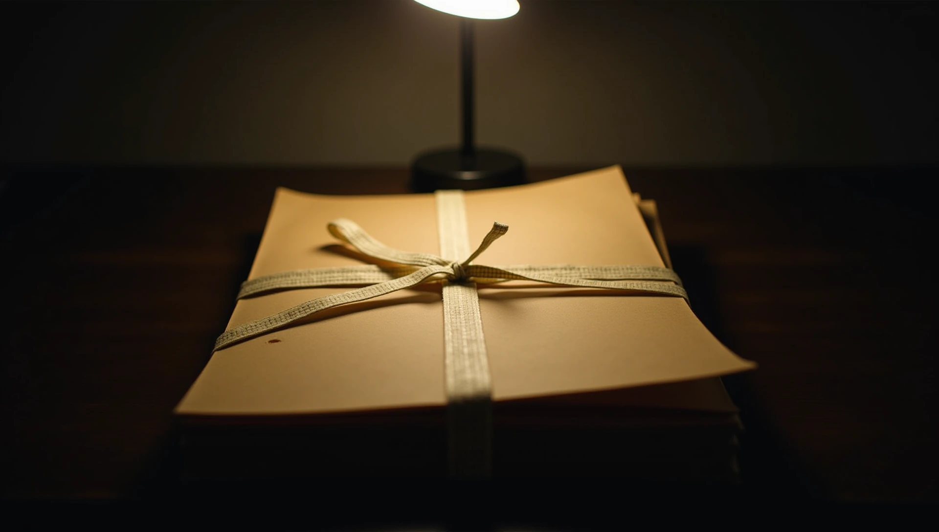 A bundle of papers tied with cotton tape, lit by a desk lamp.