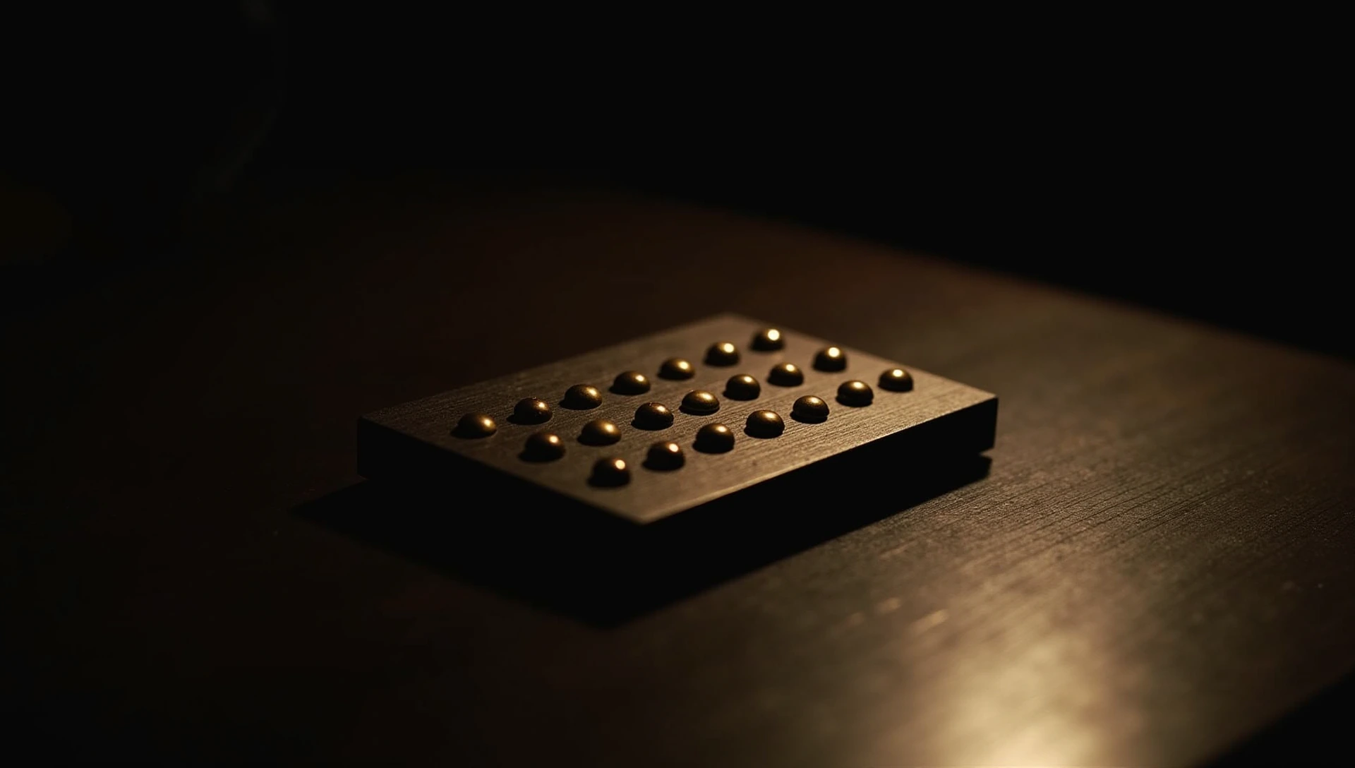 Rows of raised brass dots on a small dark wooden plaque, lit by a single lamp.