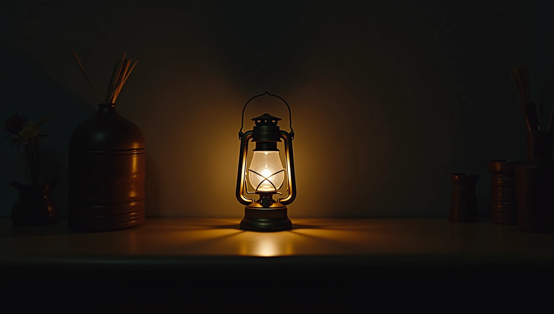 A small lantern glowing on a dark shelf.