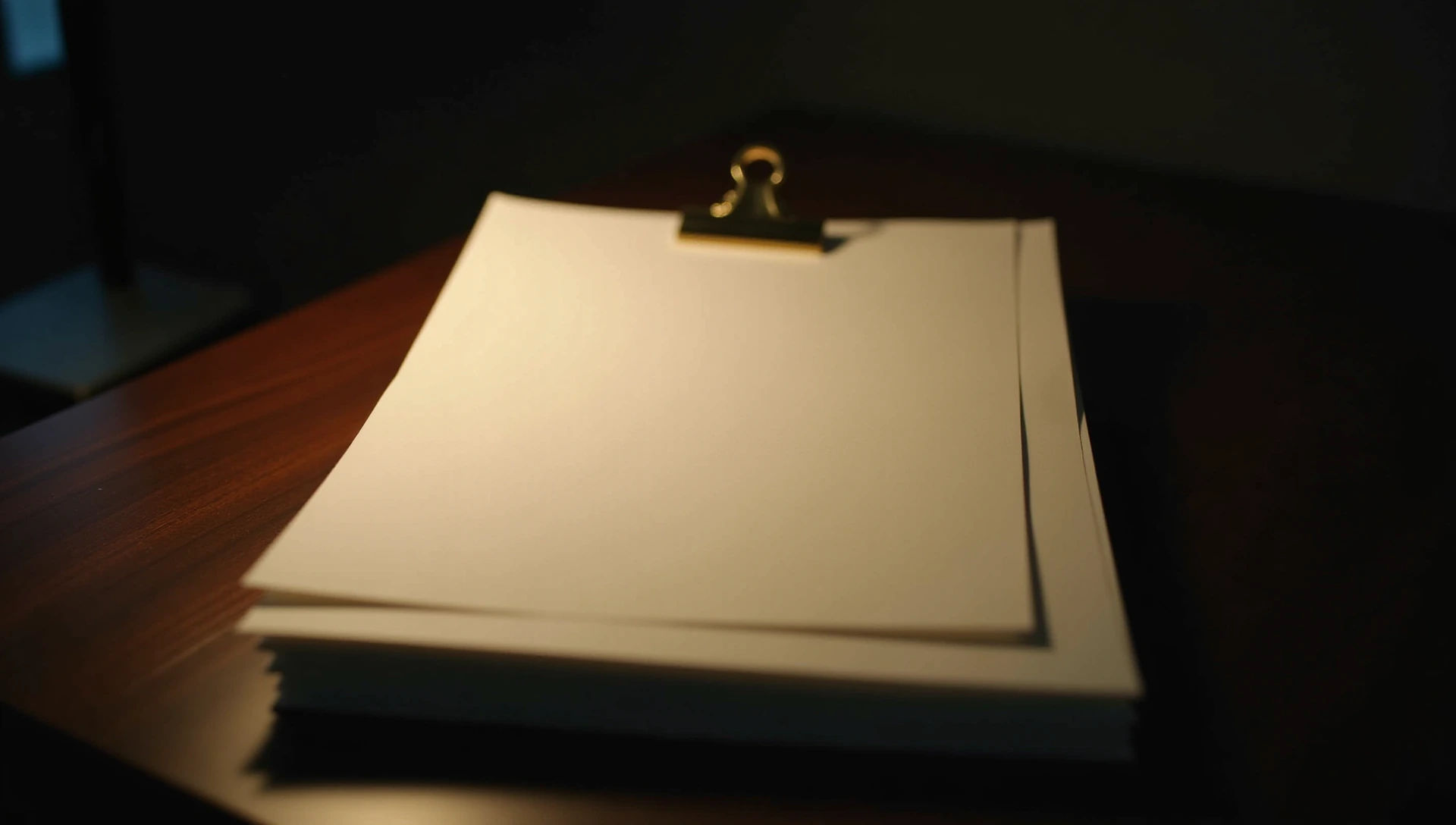 A stack of blank cream paper held with a brass clip on a dark wooden desk.