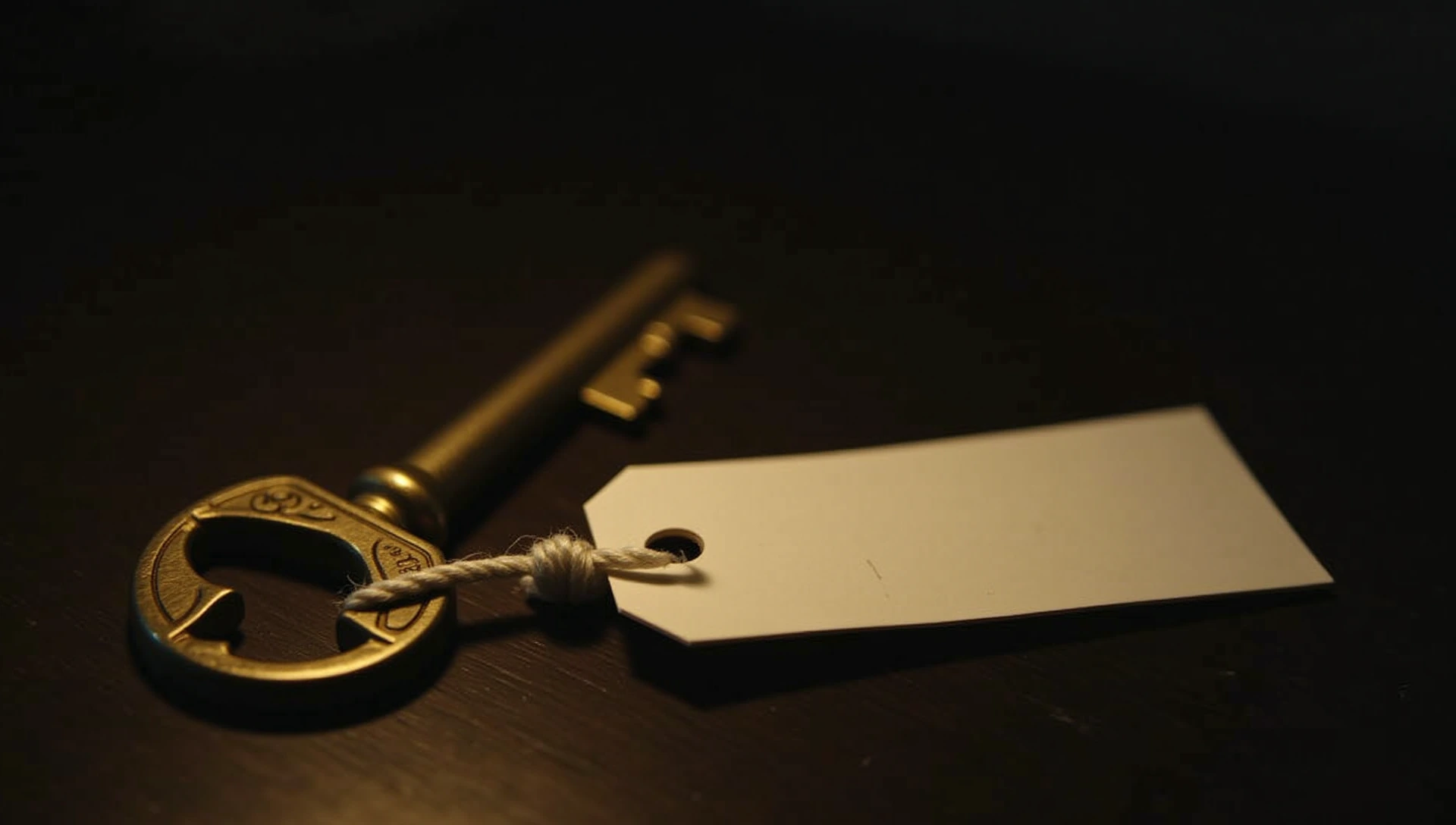 An old brass key with a blank cardboard tag, on a dark wooden desk.