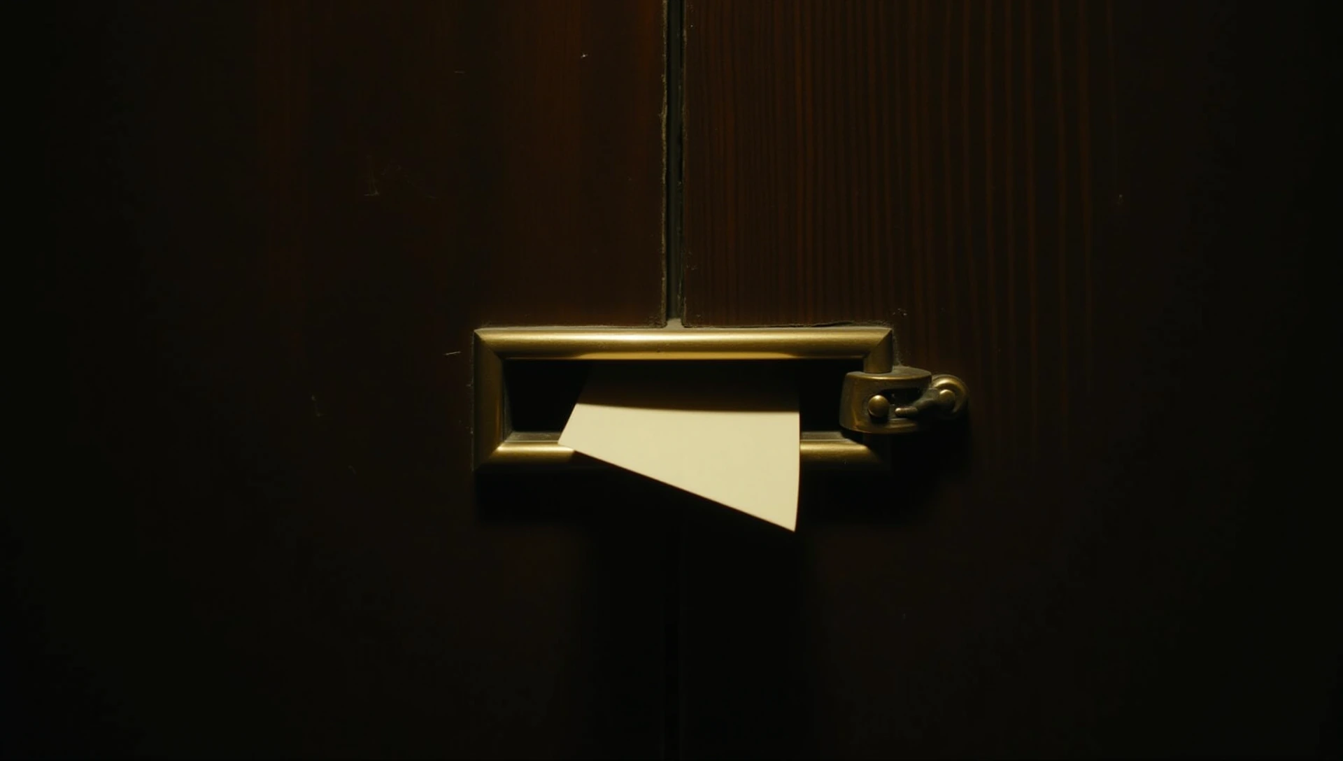 A brass mail slot in a dark wooden door with an envelope caught halfway through.