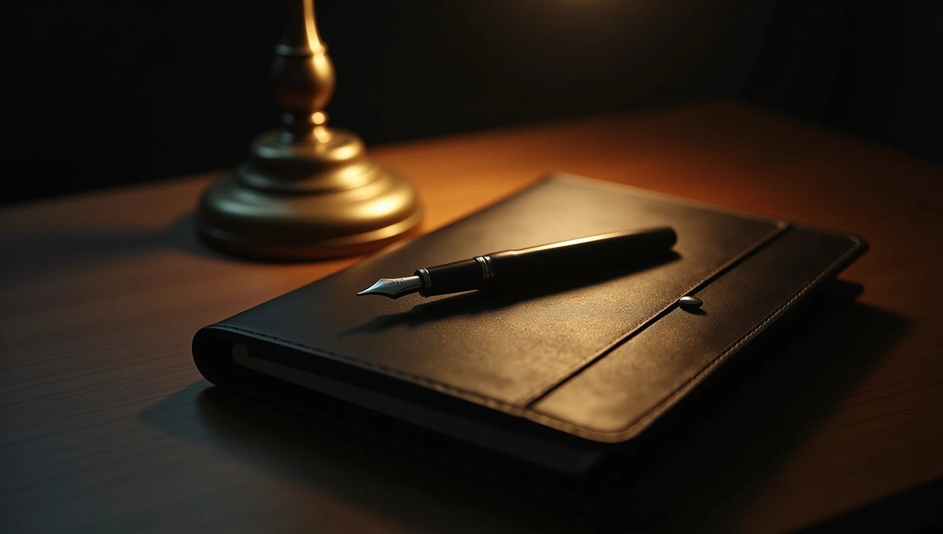 A fountain pen resting on a closed leather folder on a wooden desk.