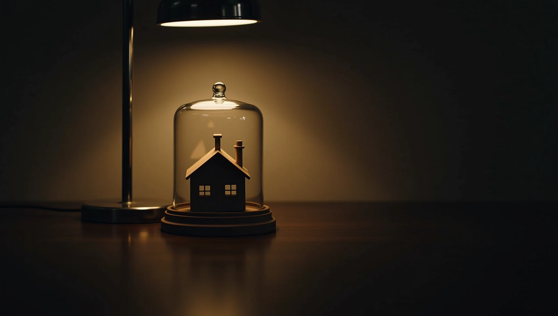 A small wooden model house under a glass bell jar on a lamp-lit desk.