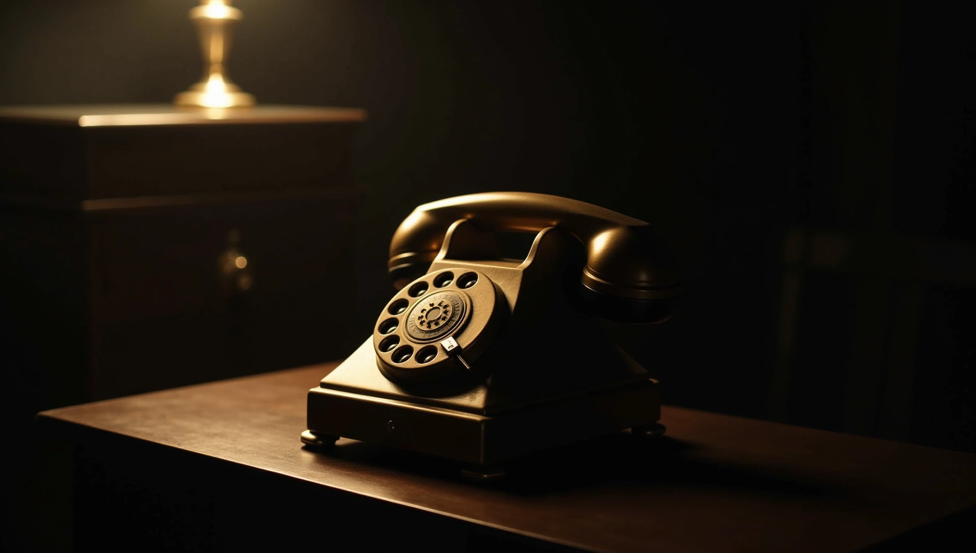 An old brass desk telephone on a dark wooden desk, lit by a single lamp.